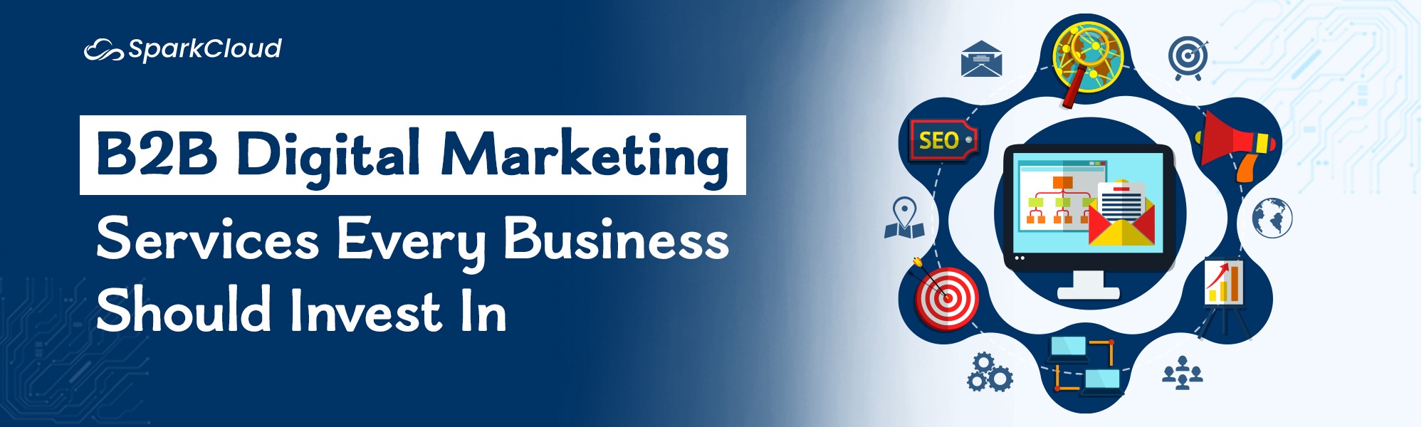 B2B digital marketing services illustration with SEO, email marketing, analytics, and business growth elements
