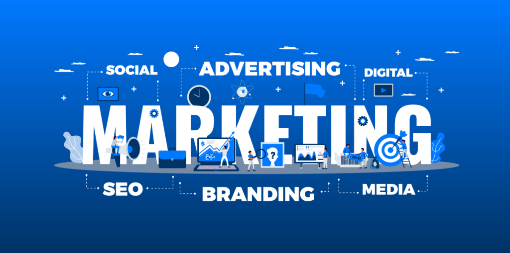 Marketing concept illustration with SEO, branding, advertising, digital and social media elements