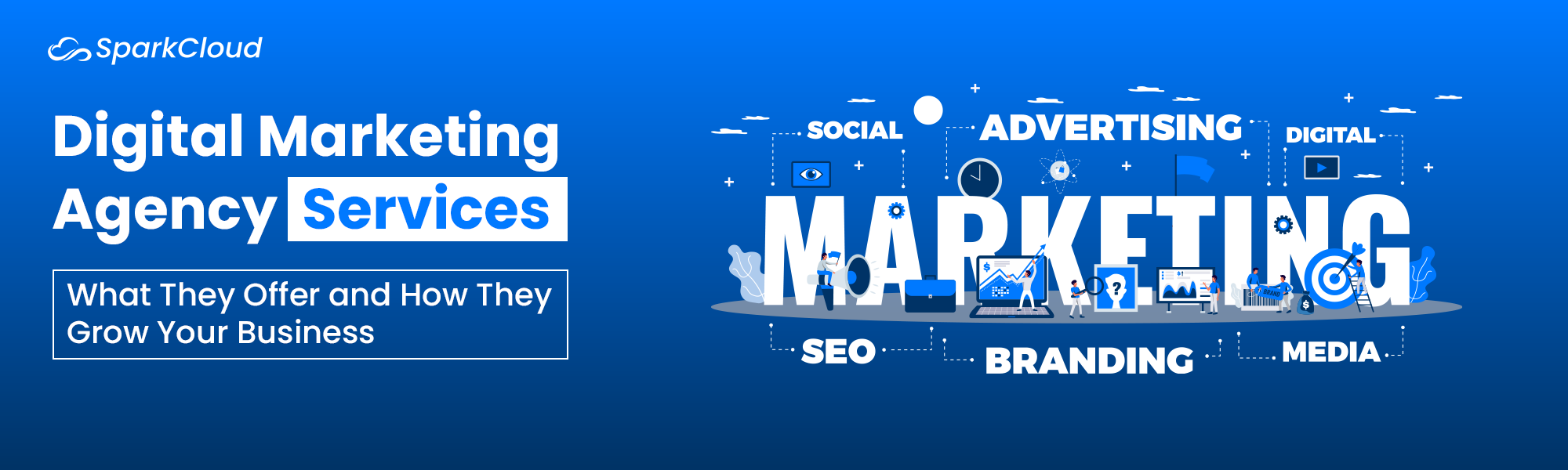 Digital marketing services illustration with SEO, branding, advertising and social media icons