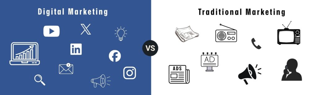 Digital marketing vs traditional marketing comparison with online and offline channels