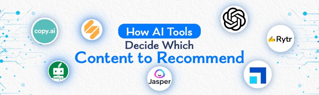 AI tools deciding content recommendations with icons like Jasper, Rytr, and Copy.ai